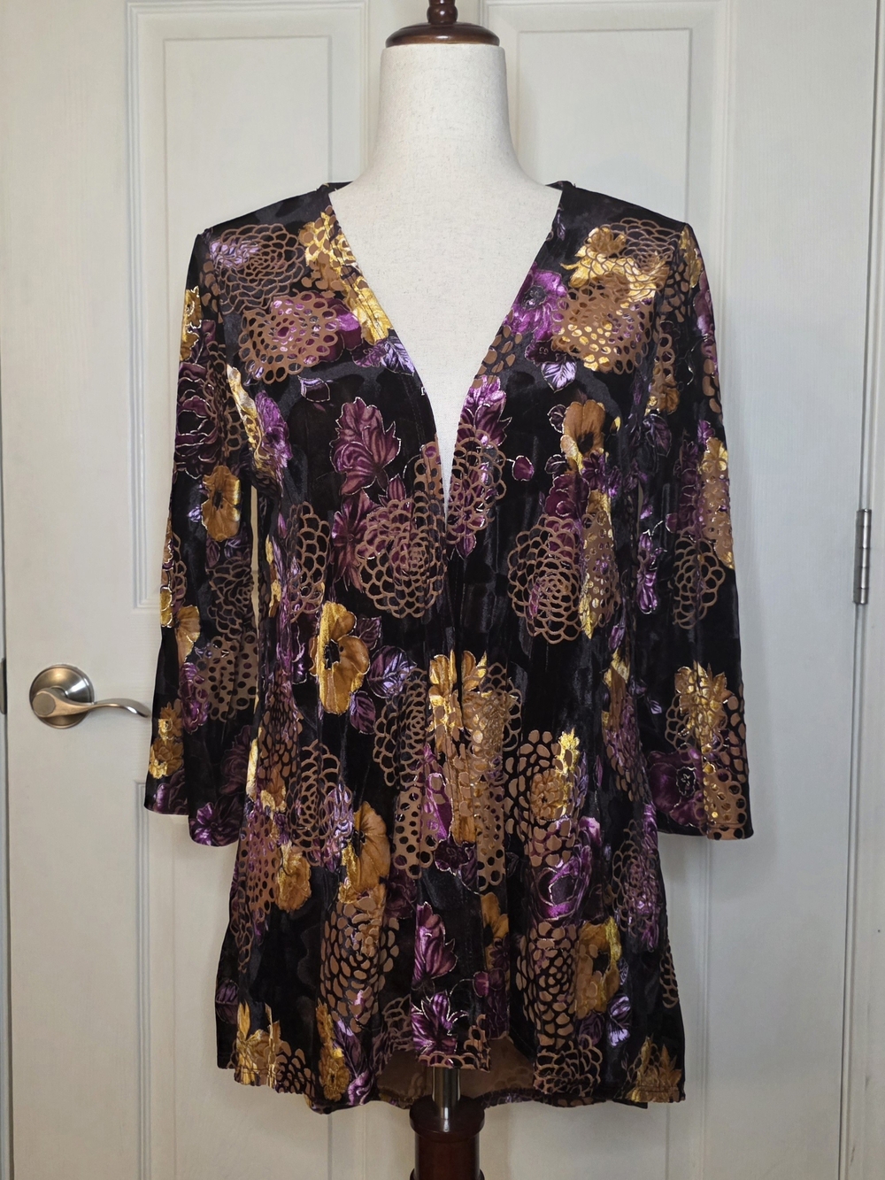Vintage Espresso Purple & Gold Velvet Floral Open Kimono Cardigan
